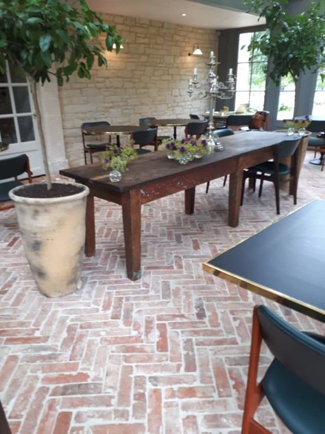 Herringbone tile pattern ideas - Lubelska Tile On Concrete Patio, Brick Floor Tile, Herringbone Tile Pattern, Backyard Landscapes, Casa Hobbit, Bali Garden, Brick Floor, Antique Brick, Succulent Landscaping