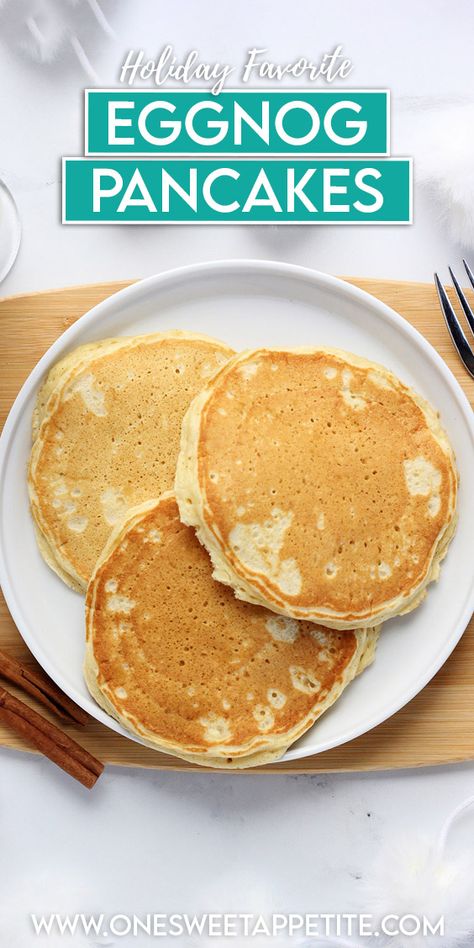 Eggnog Pancakes Eggnog Pancakes Easy, Eggnog Pancakes Recipe, Eggnog Pancakes, Easy Eggnog, Gingerbread Pancakes, Freeze Pancakes, Flavored Pancakes, Pancake Syrup, Eggnog Recipe