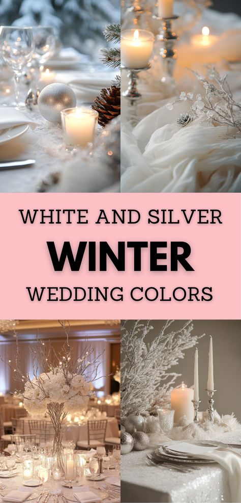 White and silver winter wedding table with elegant decor, candles, and frosted accents. Silver Winter Wedding Dress, Winter White Wedding Decor, Nye Wedding Colors, Winter Wedding Vibes, Ball Themed Wedding, Winter Wedding Reception Decorations, Elegant Winter Wedding Ideas, Silver Wedding Decor, Winter Wedding Aesthetic