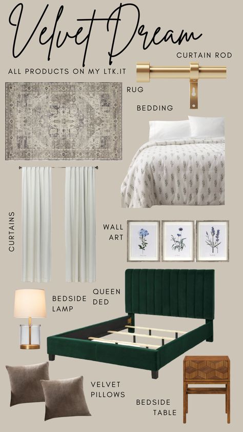 Pictured is a Moodboard. With a velvet green queen bed, white curtains, gold curtain rod, white bedding with small watercolor blue and green flowers, wall art for above the bed, a bedside table lamp, modern bedside table and a beautiful rug. Guest Bedroom Ideas Small, Bedroom Inspirations Green, Emerald Green Bedrooms, Green Headboard, Velvet Bedroom, Green Bed, Bedroom Ideas For Small Rooms Cozy, Small Guest Bedroom, Velvet Bed Frame