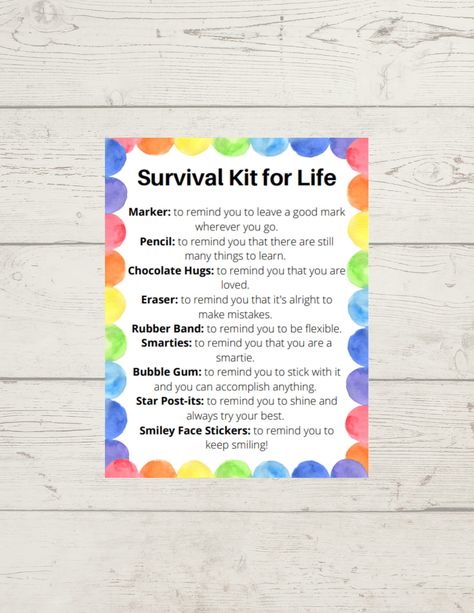 Survivor Kit Ideas, Summer Survival Kit For Students, Survival Kit For Life, Finals Survival Kit, 21st Birthday Survival Kit, Survivor Kit, Summer Survival Kit, Student Survival Kits, Smiley Face Stickers