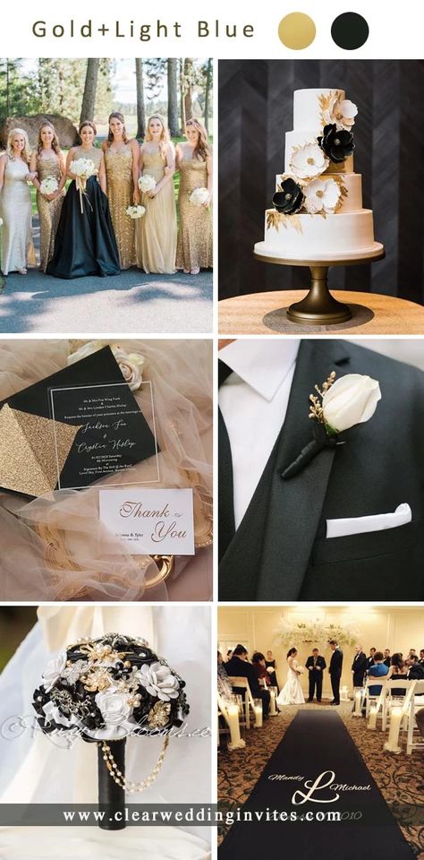 9 Hottest Gold Wedding Color Ideas for 2011/2022 – Clear Wedding Invites Black And Gold Wedding Color Schemes, Gold Theme Wedding Color Schemes, Wedding Colors Black And Gold, Black And Champagne Wedding Colors, Black And Gold Wedding Ideas, Black White Gold Wedding Theme, Metallic Wedding Colors, Black And Gold Wedding Theme, Black White Gold Wedding