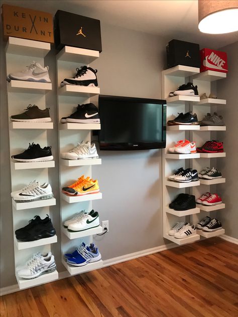 DIY shoe display using IKEA lack shelves Rak Sepatu Diy, Shoes Room, Sneaker Room, Ikea Lack Shelves, Sneakerhead Room, Design Ložnic, Hypebeast Room, Bilik Idaman, Teenage Boy Room