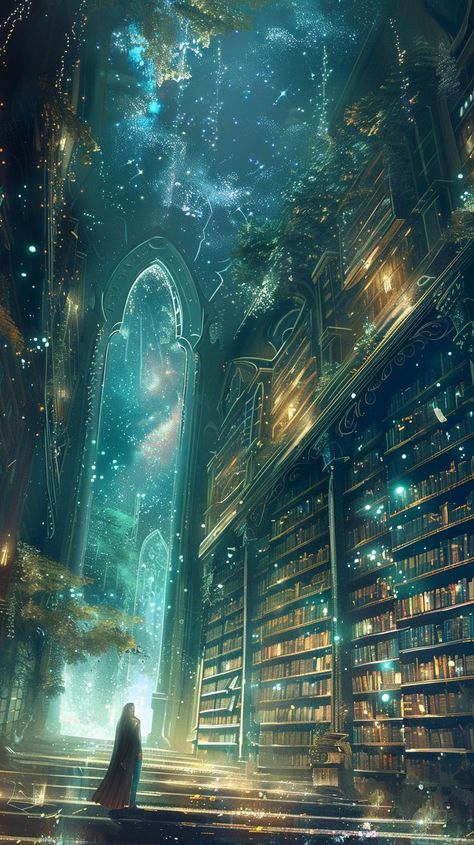 Follow me for more bookish art #library #libraryaesthetic #fantasylibrary #libraryart Endless Library Fantasy Art, Library Fantasy Aesthetic, Magic Library Art, Library At Night, Fantasy Library Concept Art, Fantasy Library Art, Library Fantasy Art, Magical Library Fantasy Art, Fantasy Library Aesthetic