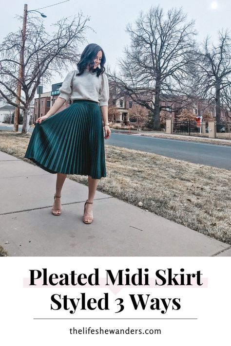 Styling Black Pleated Midi Skirt, Green Pleated Skirt Outfit Christmas, Satin Pleated Midi Skirt Outfits, Velvet Green Skirt, High Waist Pleated Skirt Outfit, Jcrew Pleated Midi Skirt, Green Velvet Pleated Skirt Outfit, Dark Green Pleated Skirt Outfit, Pleated Skirt Midi Outfits