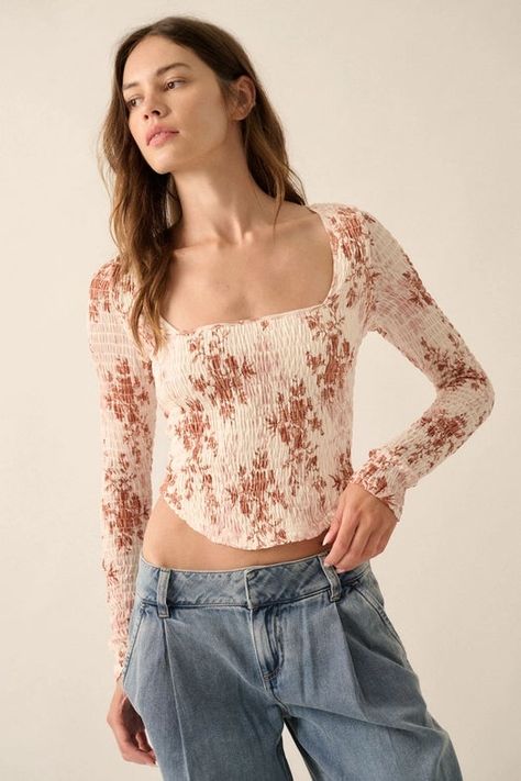 Floral Ruched Scoop Neck Woven Top | The Alley Total Beauty, Beauty Advice, Woven Top, Corset Style, Fitted Silhouette, Boho Chic Fashion, Corset Top, Square Neckline, Mesh Top