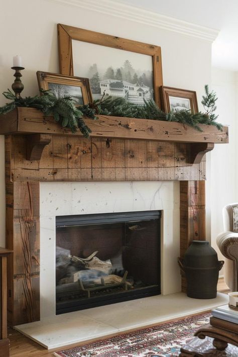 40 Wood Mantel Ideas to Enhance Your Fireplace Diy Fireplace Hearth Ideas, Free Standing Fireplace Mantle, Corner Mantel Decorating Ideas, Mantel With Storage, Mantels Ideas Fireplace, Mantal Decor, Moody Cottage, Diy Mantle, Diy Fireplace Mantle