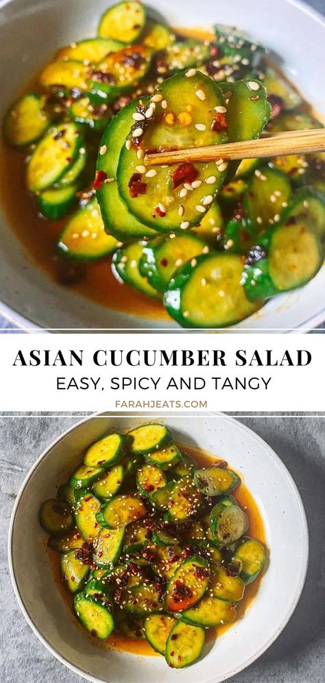 2 photos of easy spicy asian cucumber salad. The bottom photo is the salad plated in a white plate garnished with sesame seeds and chili oil. The top photo is a close up of the plate with a pair of wooden chopsticks picking up a piece of cucumber. Easy Asian Cucumber Salad, Spicy Cucumber Salad, Asian Cucumber Salad, Sommer Mad, Easy Asian, Salad Pasta, Läcker Mat, Health Dinner Recipes, Think Food