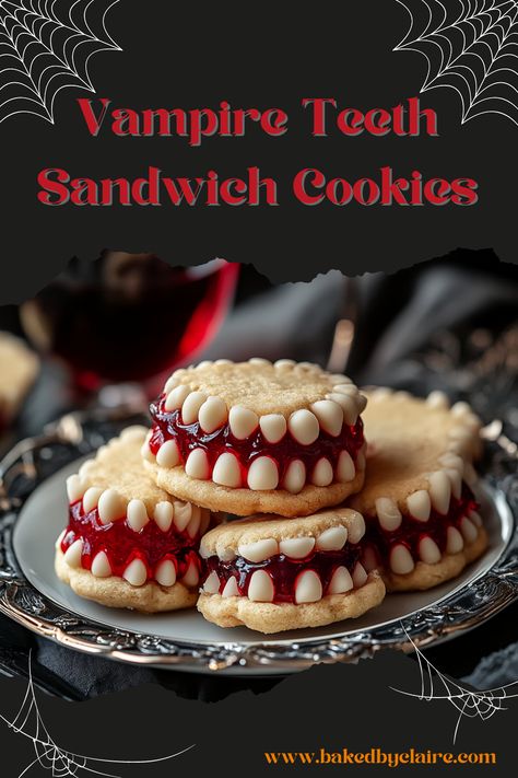 Vampire Teeth Sandwich Cookies with raspberry jam and white chocolate chip "teeth" on a plate Vampire Deserts, Vampire Themed Food, Vampire Food, Teeth Cookies, Vampire Cookies, Buttery Sugar Cookies, Jam Cookies, Vampire Teeth, Cookie Dough Balls