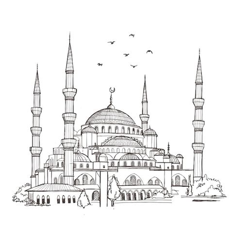 Mosque Drawing, Blue Mosque Istanbul, Architecture Drawing Presentation, Drawing Competition, Islamic Art Canvas, Mosque Art, Building Drawing, Art Photography Portrait, Calligraphy Art Print