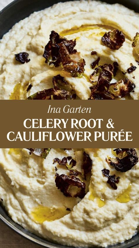 Ina Garten Celery Root & Cauliflower Purée Celery Root Puree Recipe, Celery Root Puree Ina Garten, Thanksgiving Brussel Sprout Recipes, Celery Root Recipes, Celery Puree, Thanksgiving Brussel Sprouts, Cauliflower Purée, Celery Root Puree, Cauliflower Puree