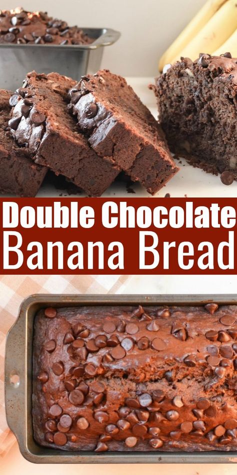 Quick Bread Loaf, Double Chocolate Banana Bread Recipe, Over Ripe Bananas, Banana Frosting, Double Chocolate Banana Bread, Chocolate Chip Banana Bread Recipe, Chocolate Banana Bread Recipe, Breakfast Bread Recipes, Easy Banana Bread Recipe