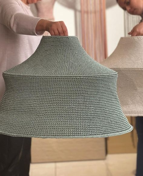 These large custom bell-shaped crochet lamps in sage and soft white were created for a cafe in the Middle East. #lightingdesign #pendantlamp #pendantlight #handmadelighting #crochetlamps #moroccandeisgn #lampara #lumiere #bespokelighting #madebywomen Modern Moroccan Design, Sage And Beige, Lampe Crochet, Cool Chandeliers, Crochet Lampshade, Crochet Lamp, Brass Light Fixture, Macrame Knots Tutorial, Crochet Needle