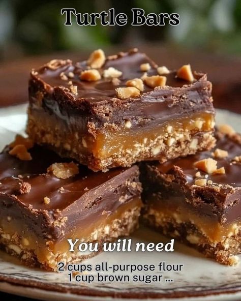 Ashley’s Recipes | Turtle Bars | Facebook Billionaire Bars Recipe, Turtle Cookie Bars Recipe, Hermit Bars Recipes, Skor Bits Recipes, Better Than Anything Bars, Squares And Bars Recipes, Turtle Bars Recipe, Easy Squares, Turtle Cookie Bars