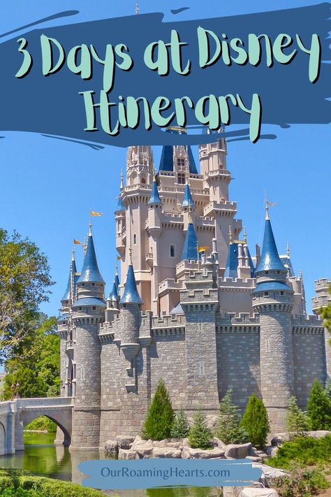 Planning a trip to Disney can be overwhelming, so we've put together a 3-day itinerary that will help make the most of your time at the parks! #disneyvacation #traveltips #travelwithkids #itinerary #ourroaminghearts #flordia | Family Vacation | Traveling with Kids | Disney | 3 Day Itinerary | Orlando Florida | Disney | Disney World 3 Day Itinerary, 3 Day Disneyland Itinerary, 3 Day Disney World Itinerary, Disney Itinerary, Cheap Travel Usa, Disney World Itinerary, Orlando Florida Disney, Florida Disney, Frugal Travel