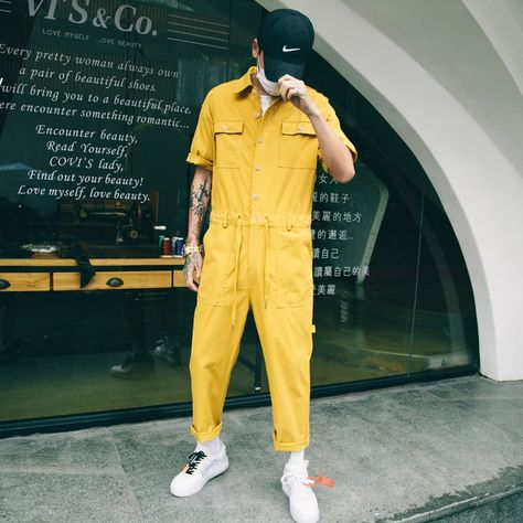 Comes in Yellow and Black Romper Men, Casual Punk, Yellow Jumpsuit, Look Festival, Overalls Men, Leather Jumpsuit, Jumpsuit Men, Mens Outfit Inspiration, Yellow Outfit