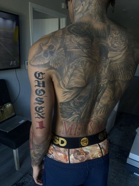 Back Off Neck Tattoo, Old English Birth Year Tattoo, Sauce Gardner Tattoos, Chosen Tattoo Men, Bread Winner Tattoo, Dope Men Tattoos, Black Men Arm Tattoos Sleeve, Fill In Tattoo Ideas Sleeve Men, Rare Hand Tattoos