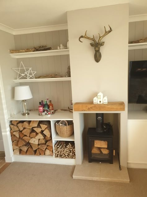 Alcove Shelving With Log Store, Log Store Alcove, Wood Burner Storage Ideas, Log Burner Alcove Shelving, Tv Beside Wood Stove, Alcove Firewood Storage, Built In Shelves Living Room Wood Stove, Alcove Ideas Living Room Wood Storage, Log Storage Alcove