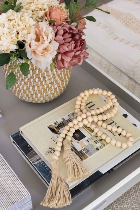 Boho Beads Home Decor, Coffee Table Decor Ideas, Fall Front Porch Ideas, Woven Trays, Driven By Decor, Simple Coffee Table, Table Decor Ideas, Fall Front Porch Decor, Stylish Coffee Table