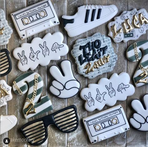 Two Legit Two Quit Birthday, Hip Hop Themed Cake, Rap Themed Birthday Party, 90s Birthday Party Theme For Adults Cake, 2 Legit 2 Quit Birthday Party, Two Legit To Quit Birthday Cake, Hip Hop Birthday Party Ideas For Kids, Hip Hop Cookies, Hip Hop Cookies Decorated