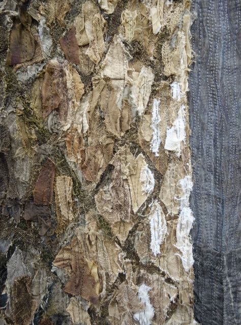 "Dawning Forest" by Soyoung Chung Detail 2 Costume Transformation, Textile Leaves, Textiles Alevel, Bisa Butler, Couching Embroidery, Tree Bark Texture, Bamboo Wind Chimes, Hidden Art, Fantasy Tree