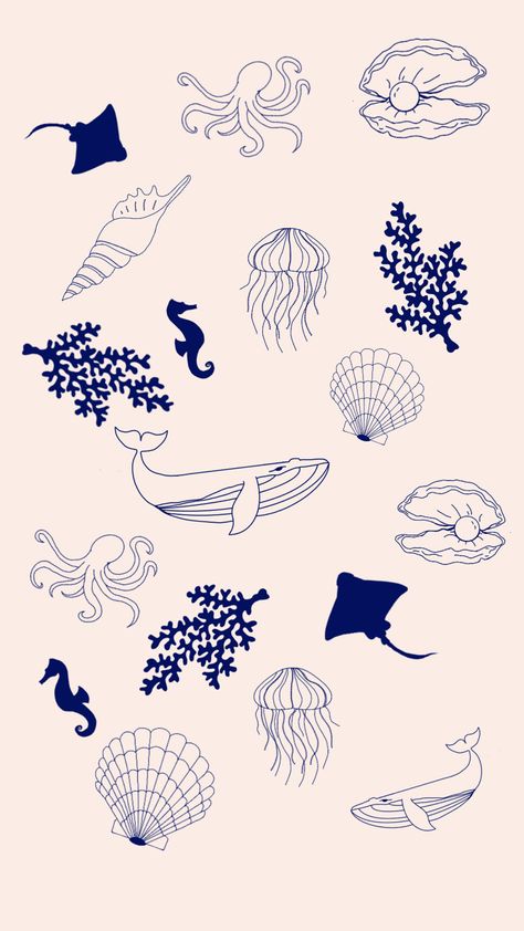 Ocean Pattern Design, Sea Mugs, Sea Creatures Aesthetic, Ocean Creatures Drawings, Sea Creature Wallpaper, Stingray Illustration, Sea Shell Wallpaper, Sea Creatures Illustration, Sea Creatures Wallpaper