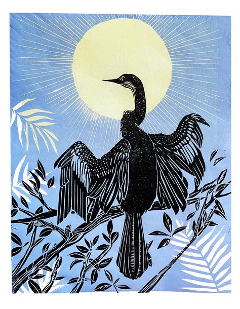 Original limited edition hand-carved linocut print    Hand-printed imagery of one of my favorite Florida birds: the Anhinga. Printed from 3 hand-carved blocks in oil-based ink on Kozo paper. Each print is titled and signed. Image Size: Approx. 8 x 10 inches (20 cm x 25 cm) Paper Size: Approx. 9 x 12 inches (22.86 cm x 30.48 cm) This print comes unframed and is shipped safely to you in a sturdy padded envelope. Linocut Color Prints, Linocut Prints Art, Bird Linocut, Fauvist Art, Florida Birds, Reduction Print, Prints Ideas, Woodcut Art, Norfolk Broads