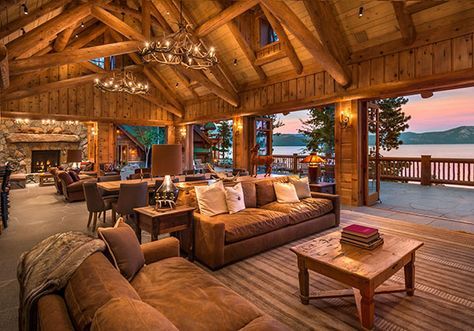 Charming hybrid log home with breathtaking views of Lake Tahoe Log Cabin On Lake, Transitional Home Design Interiors, Luxury Cabin Living Room, Modern Log Cabin Homes, Log Home Interiors, Log Home Decorating, Rocky Point, Cabin Living, Log Cabin Homes