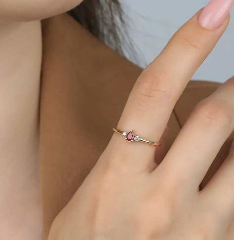 14K Gold Pear Shape Ruby and Diamond Ring Ruby Ring Simple, Tiny Engagement Rings, Cleaning Diamond Rings, White Gold Ruby Ring, Minimalist Diamond Rings, July Birthstone Ring, Natural Ruby Ring, Ruby Ring Gold, Ruby And Diamond Ring