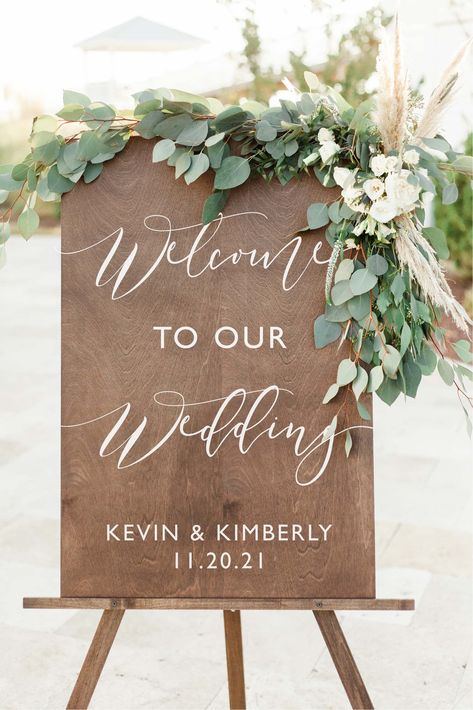 Rustic Wedding Welcome Sign Wood, Wedding Welcome Signs Wood, Welcome To Our Ceremony Sign, Sage Green Wedding Entrance, Wedding Welcome Sign With Greenery, Welcome Sign Wedding Greenery, Wedding Welcome Sign Greenery, Wedding Welcome Flowers, Sage Green Ceremony Decor