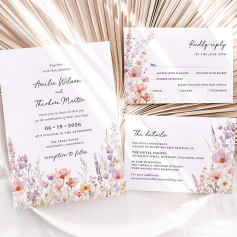 Lilac Pink Wildflower Wedding Invitation Template Set, Boho Lavender Wedding Invite Suite, Colorful Whimsical Dusty Blush Pink Details, RSVP Lavender And Pink Wedding, October Photoshoot, Wedding Invite Suite, Garden Details, Invite Suite, Wildflower Wedding Invitations, Dusty Blush, Boho Pink, Pink Details