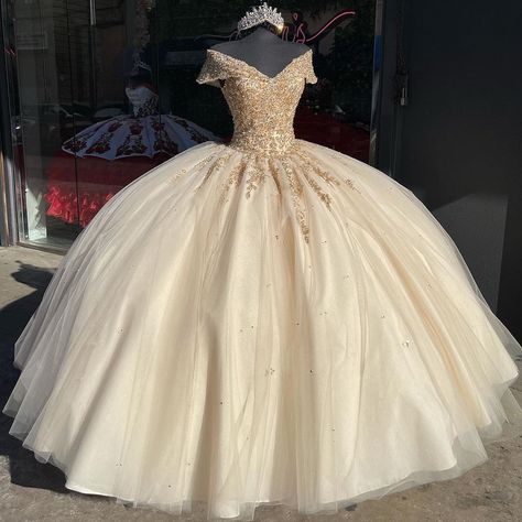 Vizcaya, Valencia & Valentina’s Instagram photo: “Beautiful Belle vibes 🥀✨ Valencia, Style 60091 ✨” White And Gold Quinceanera Dresses, White Quince Dress, Champagne Quince Dresses, Champagne Quince, White Quince Dresses, Champagne Quinceanera Dresses, White Quinceanera Dresses, Vestido Charro, Xv Dresses