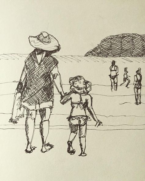 Pen Sketches People, Back Of Person Drawing, Summer Sketches Ideas, At The Beach Drawing, Landscapes To Draw, Beach Drawing Sketches, Summer Drawing Ideas, Trip Drawing, Summer Sketchbook