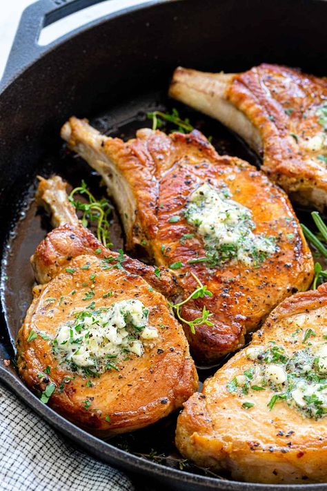 Pan-Fried Pork Chops with Garlic Butter Bone In Pork Chop Recipe Pan Fried, French Bone In Pork Chops, Pork Chops In Frying Pan, French Cut Pork Chop Recipes, Pan Fried Bone In Pork Chops, Stove Top Pork Chops Bone In, French Pork Chops, Pan Seared Pork Chops Bone In, Pan Fried Pork Chops Bone In