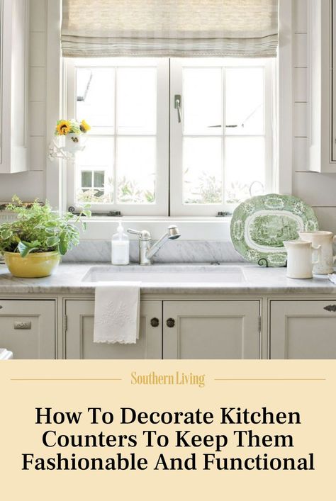 Who says you have to choose between pretty and practical? Use these tips on how to decorate your kitchen counters, while still keeping the space clean and functional. #decor #homedecorations #kitchendesign #kitchencounter #homedecorideas #interiordesign #southernliving Kitchen Plants Decor Counter Tops, How To Decorate Your Kitchen Counters, Styling Kitchen Countertops, How To Decorate Kitchen Counters, Kitchen Plants Decor, Corner Kitchen Sink, Interior Design Secrets, Decorate Kitchen, Kitchen Countertop Decor