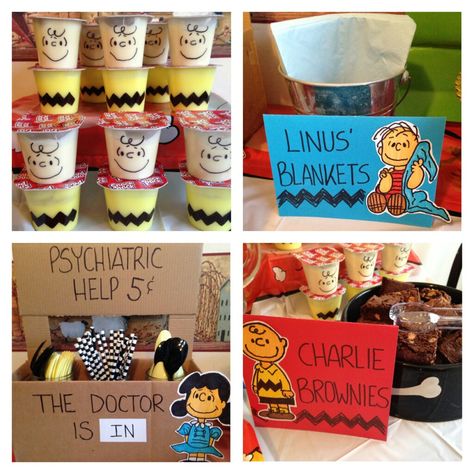 Charlie Brown peanuts birthday party ideas. I used a box to create the cute utensil holder. Charlie Brown Theme Birthday Party, Charlie Brown Snack Ideas, Charlie Brown Christmas Theme Party, Charlie Brown Christmas Birthday Party, Charlie Brown Party Food, Peanuts Themed Party, Charlie Brown And Snoopy Birthday Party, Charlie Brown Theme Party, Charlie Brown Christmas Party Food