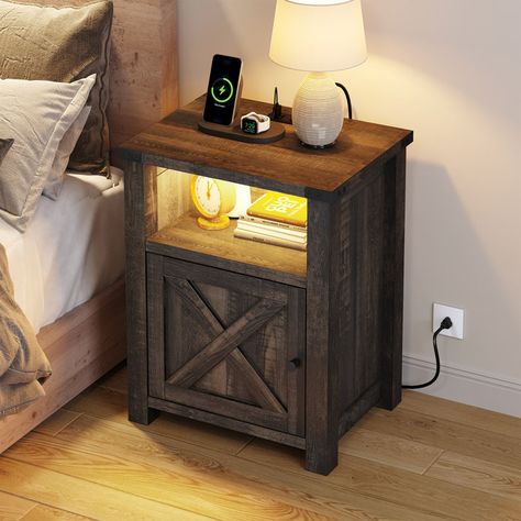 Farmhouse Nightstand, Table With Charging Station, Nightstand With Charging Station, Rustic Nightstand, Diy Nightstand, Wood Bedside Table, Side Table With Storage, End Tables With Storage, Wood Nightstand