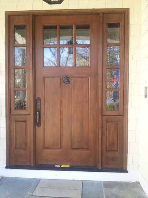 Craftsman Style Front Doors, Craftsman Exterior Door, Exterior Doors With Sidelights, Craftsman Doors, Brown Front Doors, Wooden Front Door, Entry Door With Sidelights, Traditional Front Doors, Exterior Entry Doors