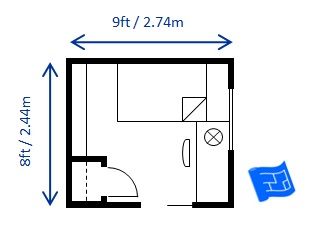 Here's 8 x 9ft (2.44 x 2.74m)bedroom layout which fulfills the 70 square foot code requirement.  The layout doesn't work nearly as well as with a 7 x 10 ft design though. Click through for more on bedroom design. 10x10 Bedroom Design, Bedroom Remodeling, Guest Bedroom Remodel, Kids Bedroom Remodel, Small Bedroom Layout, Small Bedroom Remodel, Contemporary Bedroom Design, Luxury Bedroom Furniture, Bedroom Layout