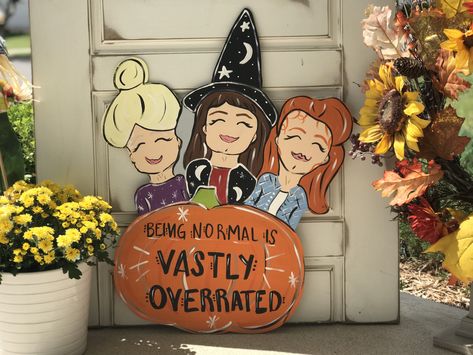 Halloweentown Door Hanger! #woodenitbesweetsigns Halloween Town Door Decorations, Halloweentown Painting, Halloweentown Decor, Halloween Town Door, Halloweentown Art, Halloween Town Disney, Holiday Yard Decor, Door Signs Diy, Diy Wood Signs