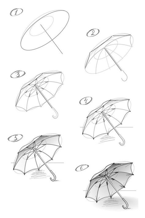 Parasol Drawing Reference, Umbrella Sketch Design, Drawing An Umbrella, How To Draw A Umbrella, Umbrella Design Drawing, How To Draw Umbrella Step By Step, Sketching Ideas Step By Step, How To Draw Sketches Step By Step, Step By Step Drawing Tutorial