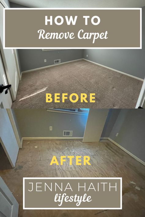 From Carpet To Wood Floors, How To Replace Carpet With Laminate, How To Pull Up Carpet, Ripping Out Carpet Diy, Diy Carpet Replacement, Replacing Carpet With Laminate, Carpet Removal Diy, Carpet To Vinyl Transition, Carpet To Hardwood Transition