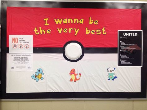 Pokemon Bulletin Board Anime Bulletin Board, Pokemon Bulletin Board, Cyrus Pokemon, Ela Bulletin Boards, Library Bulletin Board, 5th Grade Ela, Class Decor, Floor Ideas, Class Decoration