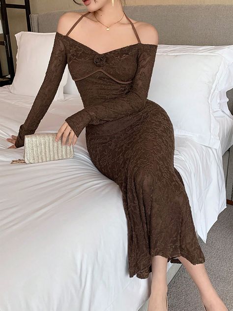 Women Lace Contrast Fishtail Long Sleeve Dress Coffee Brown Elegant  Long Sleeve Lace Plain A Line Slight Stretch Spring/Summer Women Clothing, size features are:Bust: ,Length: ,Sleeve Length: Dresses For Tan Skin, Coffee Brown Dress, Long Sleeve Brown Dress, Brown Dresses Formal, Dresses With Long Sleeves, Vintage Bridesmaid Dresses, Fairy Fashion, Dress Inspo, Beige Dresses