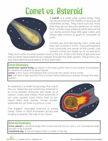 Worksheets: Comets and Asteroids Other part of Cycle 2, week 11. Remember, when u join this site, u get 10 free sheets a month. So get what u need now and just come back! It pays to plan ahead! Elementary Earth Science, Earth Science Projects, Comets And Asteroids, Earth Science Activities, Earth Science Lessons, Tata Surya, Earth Space, Education Games, Astronomy Science