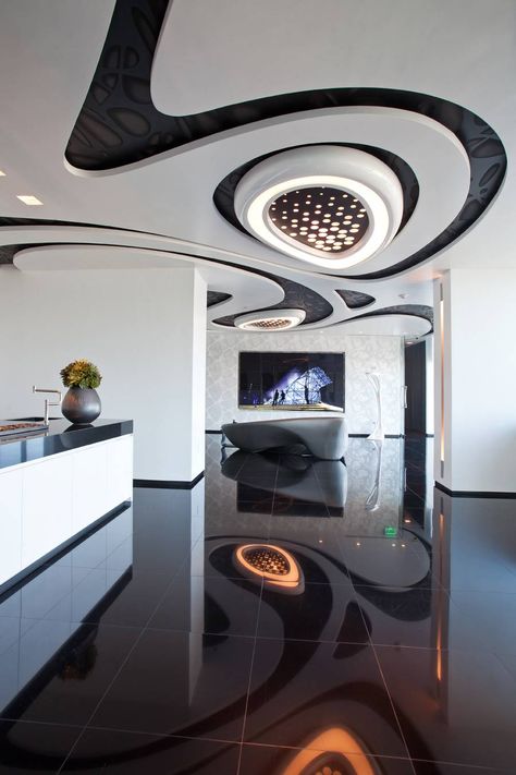 Zaha Hadid Interior, زها حديد, Futuristic Interior Design, Plafon Gypsum, Zaha Hadid Architecture, Zaha Hadid Design, Museum Interior, Futuristic Home, House Ceiling Design