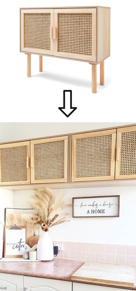 Click for details on how to convert Kmart's $59 Rattan Sideboard into overhead kitchen cabinets! Built In Rattan Cabinets, Rattan Furniture Kitchen, Rattan Floating Cabinet, Rattan Laundry Room, Kmart Rattan Sideboard Hack, Rattan Kitchen Cabinets Diy, Caned Kitchen Cabinets, Rattan Kitchen Cabinet Doors, Rattan Cabinet Kitchen