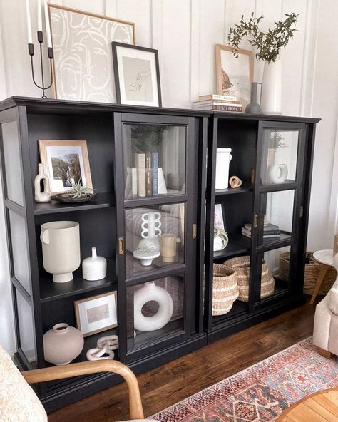 Santales Curio Cabinet Black/White, Neutral Home Decor and Shelf Styling #homedecor #neutral #shelf #style Ikea Glass Cabinet, Glass Cabinet Decor, Curio Cabinet Decor, Living Room Display Cabinet, Living Room Floor Tiles, Black Display Cabinet, Room Floor Tiles, Display Cabinet Decor, Kathleen Post