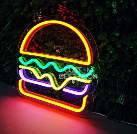 Food Neon Sign, Burger Neon, Neon Sign Decor, Neon Signs Home, Custom Neon Lights, Stools With Backs, Led Sign, Neon Art, Kitchen Signs