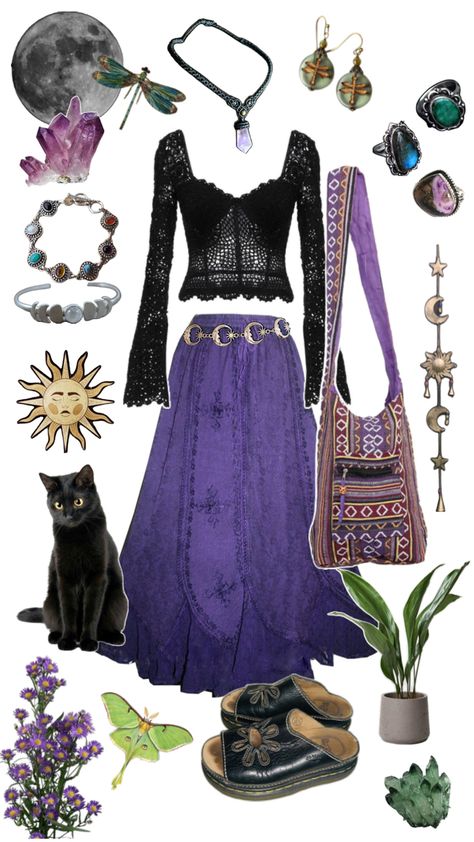 Hippie boho goth witchy outfit moon purple fashion crystal jewellery celestial astrology Boho Goth, Crystal Jewellery, Purple Fashion, Black Cat, Hippie Boho, Astrology, Fashion Forward